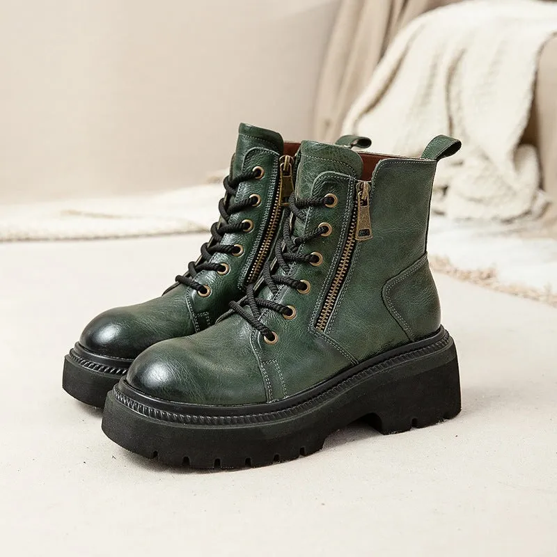60mm Platform Boots Lace up Leather Martin Boots Big Toe Combat Boots in Green/Yellow/Coffee