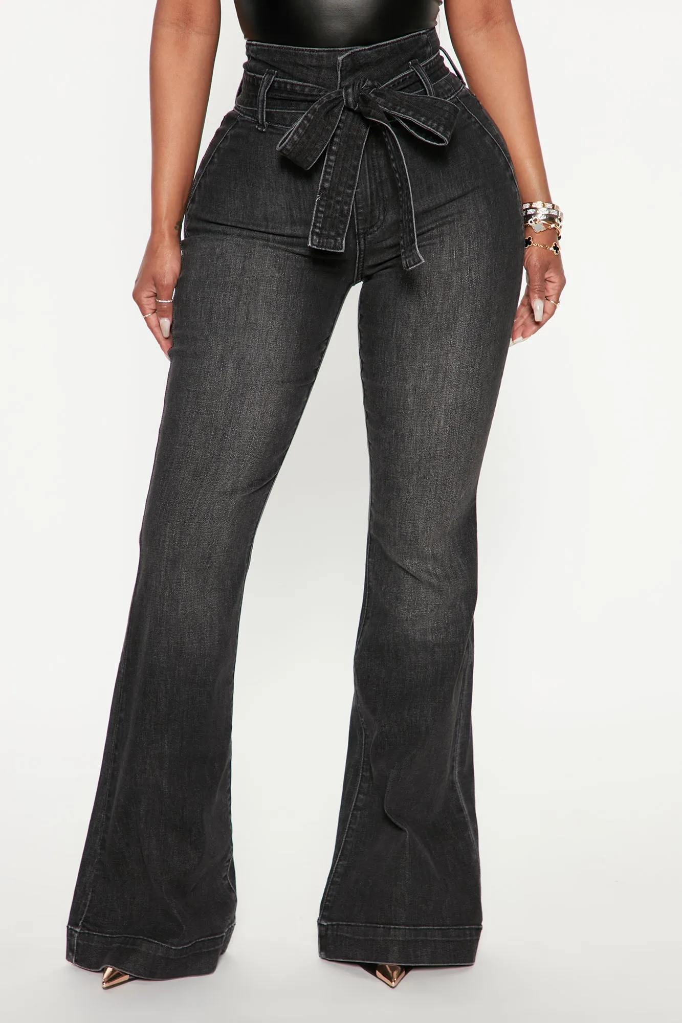 American Beauty Belted Flare Jeans - Black Wash