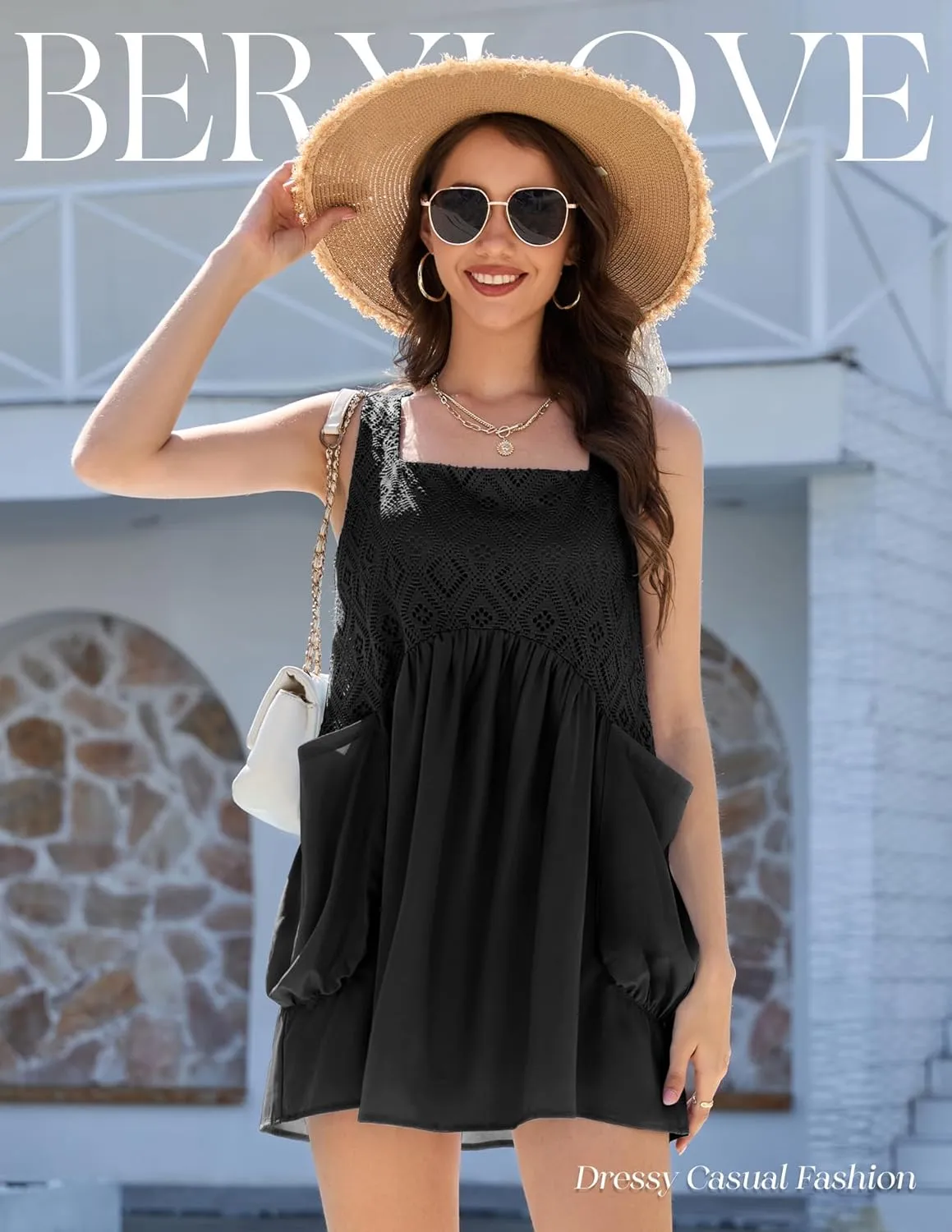 BeryLove Women Sleeveless Summer Mini Dress Casual Square Neck Flowy Sundress Loose Beach Babydoll Dresses with Pockets