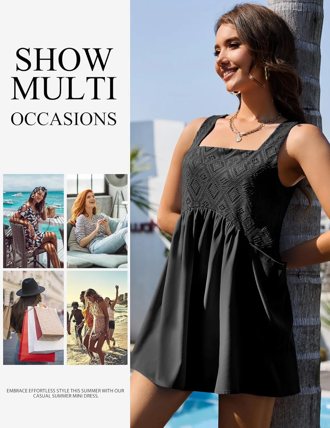BeryLove Women Sleeveless Summer Mini Dress Casual Square Neck Flowy Sundress Loose Beach Babydoll Dresses with Pockets