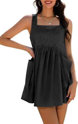 BeryLove Women Sleeveless Summer Mini Dress Casual Square Neck Flowy Sundress Loose Beach Babydoll Dresses with Pockets