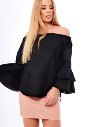 Black Bardot Frill Sleeve Top - Ruth