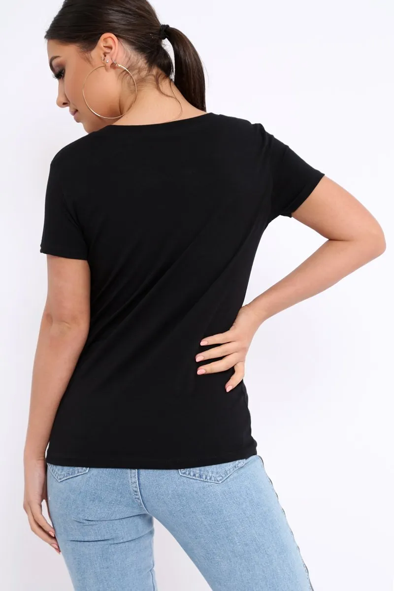 Black Crew Neck Girls Face T Shirt with Tassels - Lenna