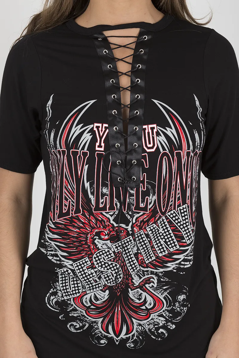 Black Destiny Graphic Print Lace Up T Shirt - Ollie