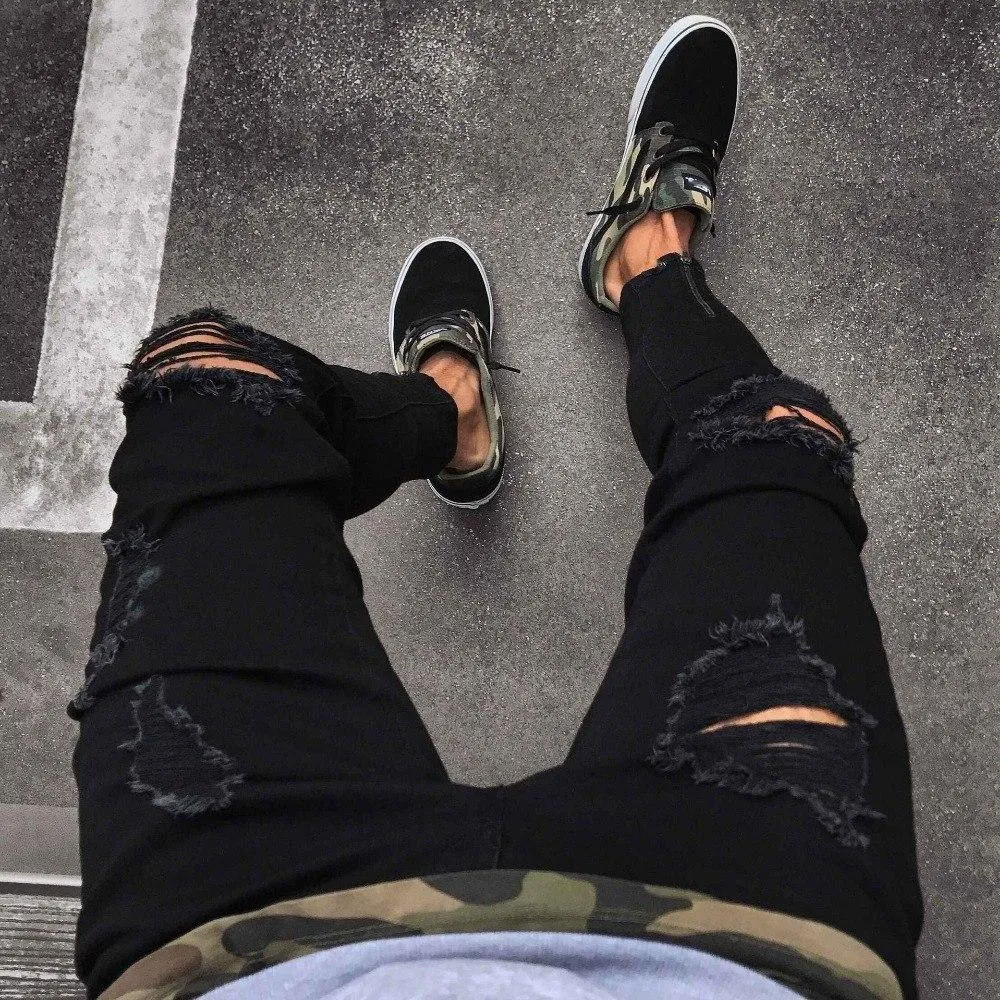 Black Knee Ripped Distressed Ankle Zipper Jeans