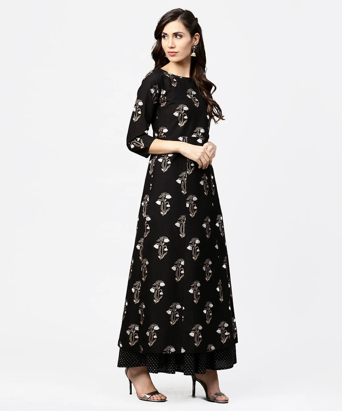 Black Printed 3/4Th Sleeve Cotton Kurta With Printed Skirt