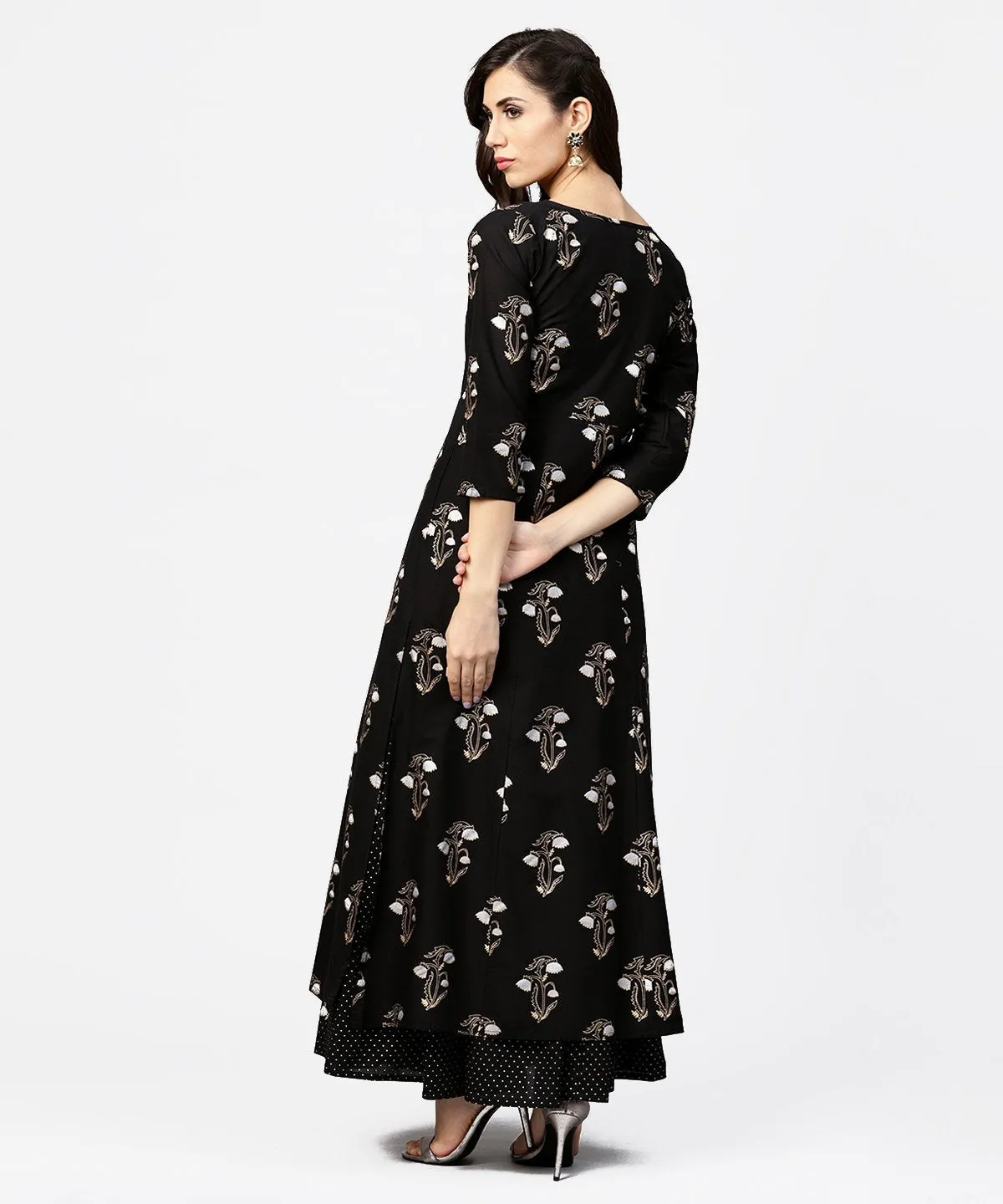 Black Printed 3/4Th Sleeve Cotton Kurta With Printed Skirt