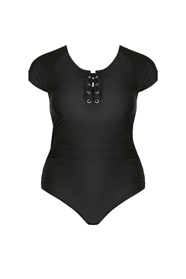 Black Short Sleeve Tie Front One Piece
