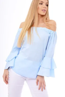 Blue Bardot Frill Sleeve Top - Ruth