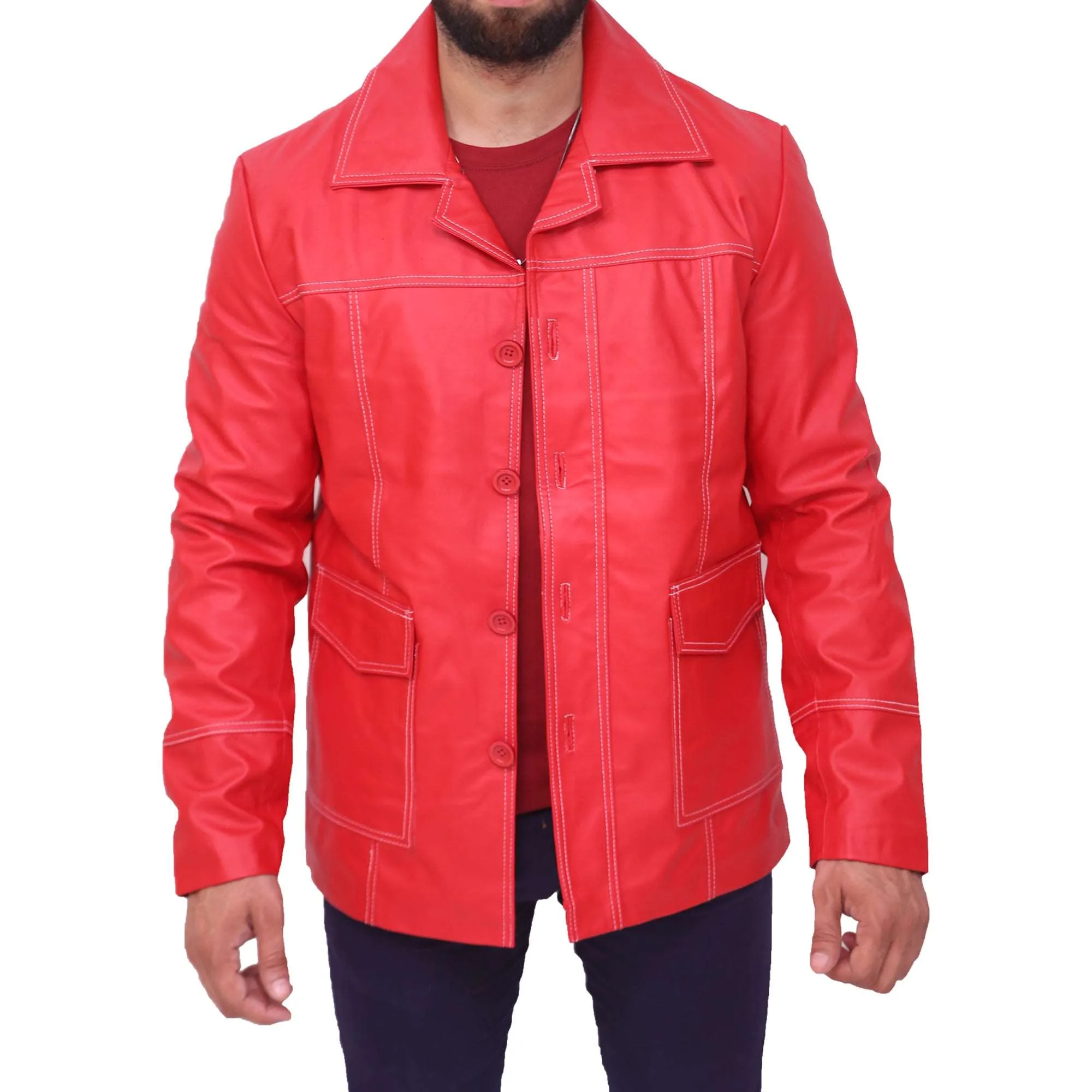 Brad Pitt Fight Club Red Leather Jacket