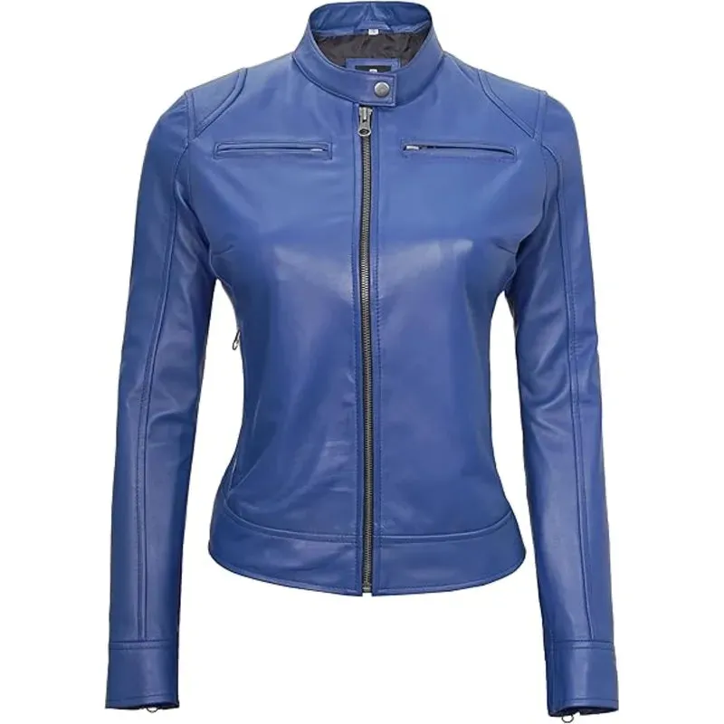 Cafe Racer Blue Womens Leather Jacket