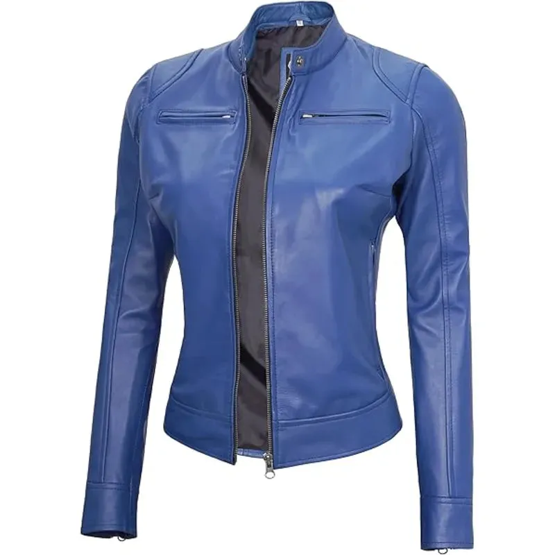 Cafe Racer Blue Womens Leather Jacket