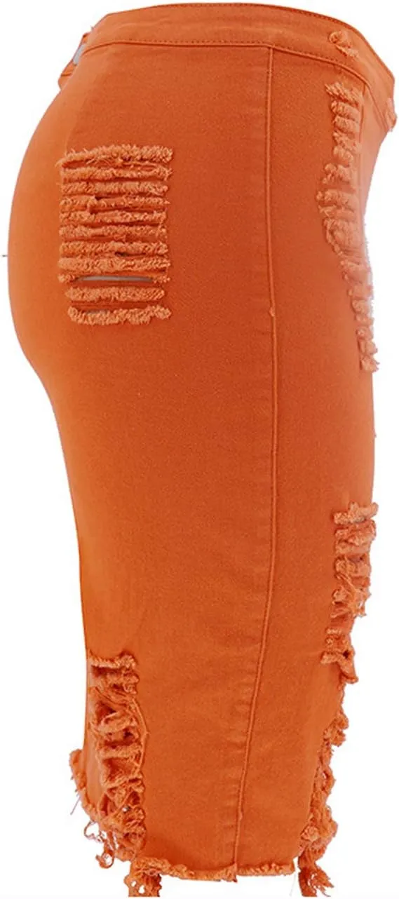 chouyatou Women's Stretchy High Waist Butt-Lifting Bodycon Ripped Denim Pencil Skirt