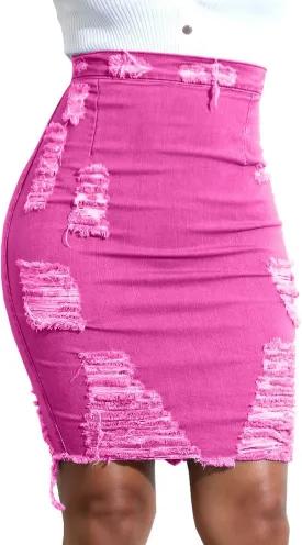 chouyatou Women's Stretchy High Waist Butt-Lifting Bodycon Ripped Denim Pencil Skirt