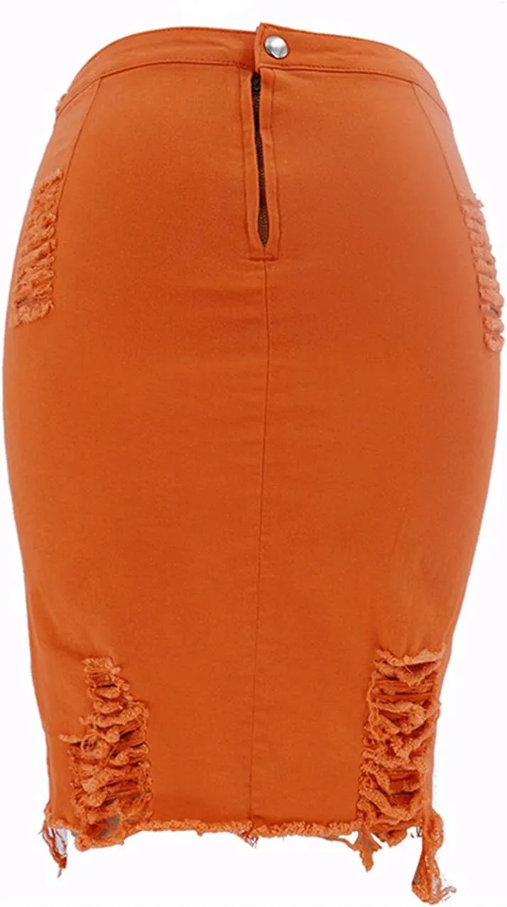 chouyatou Women's Stretchy High Waist Butt-Lifting Bodycon Ripped Denim Pencil Skirt