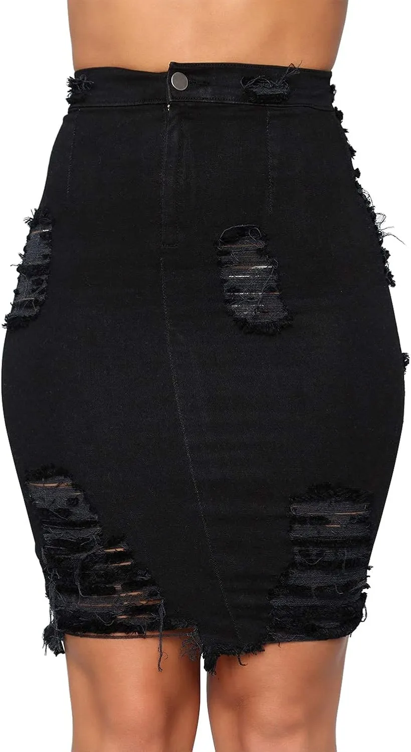 chouyatou Women's Stretchy High Waist Butt-Lifting Bodycon Ripped Denim Pencil Skirt