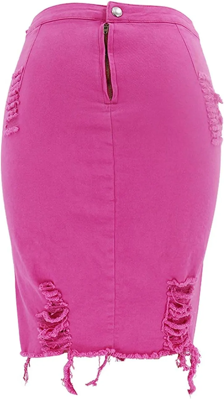 chouyatou Women's Stretchy High Waist Butt-Lifting Bodycon Ripped Denim Pencil Skirt