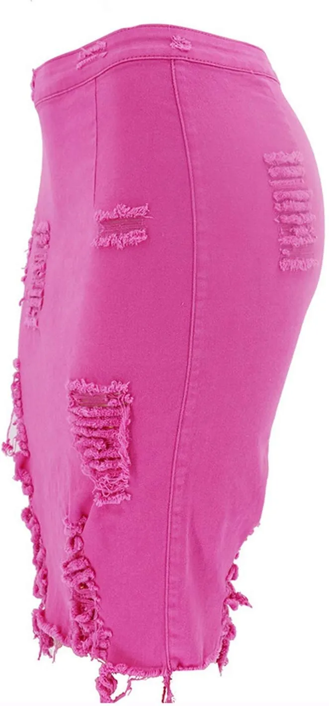 chouyatou Women's Stretchy High Waist Butt-Lifting Bodycon Ripped Denim Pencil Skirt