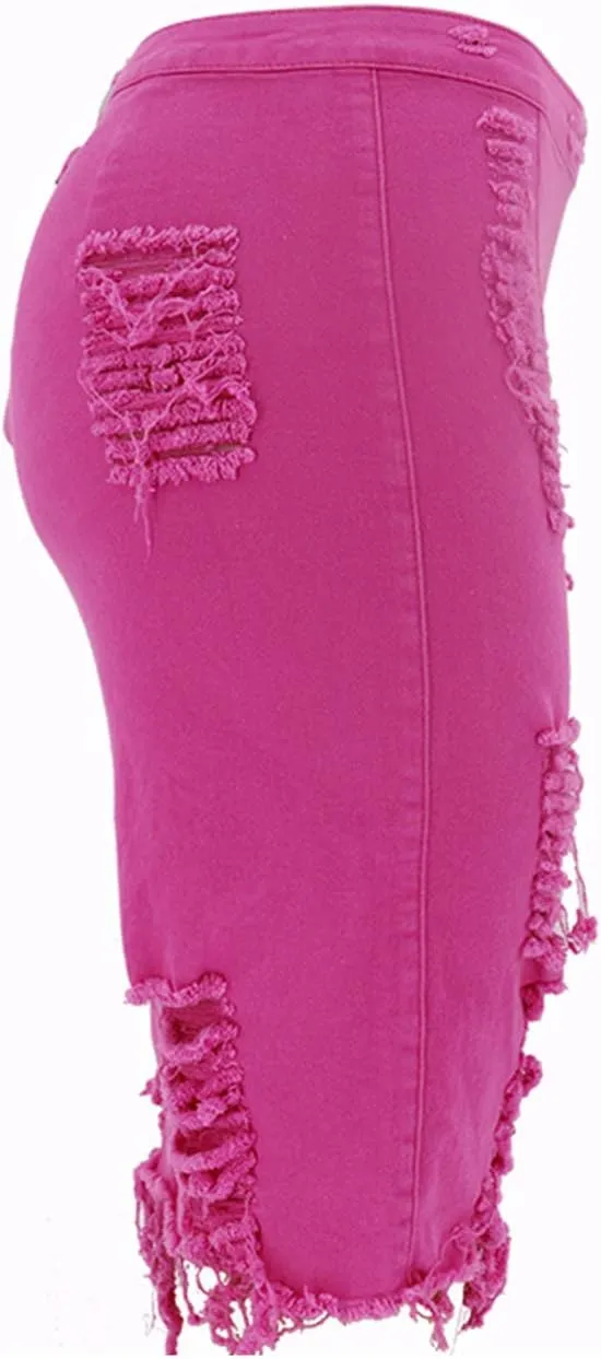 chouyatou Women's Stretchy High Waist Butt-Lifting Bodycon Ripped Denim Pencil Skirt