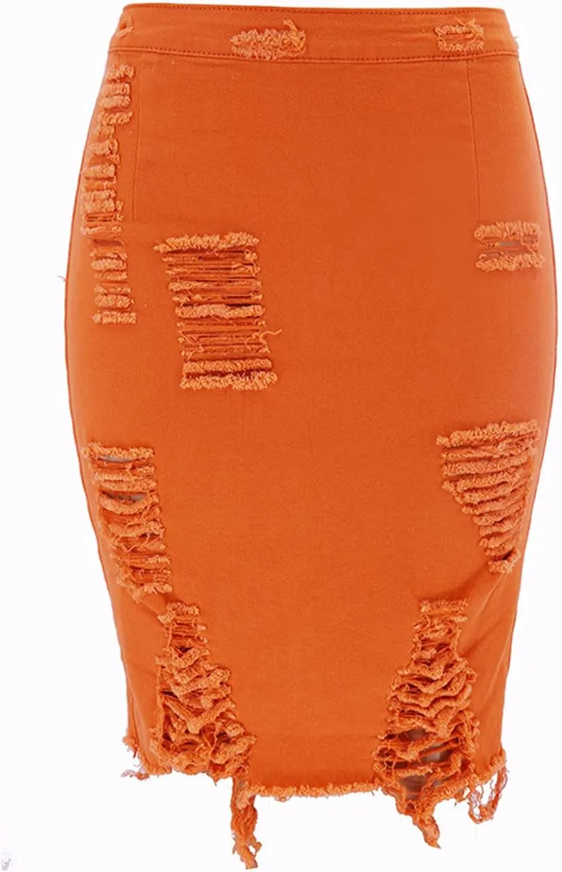 chouyatou Women's Stretchy High Waist Butt-Lifting Bodycon Ripped Denim Pencil Skirt