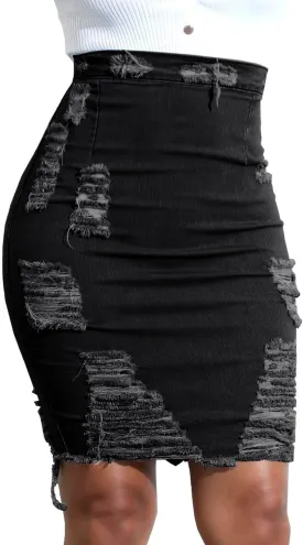 chouyatou Women's Stretchy High Waist Butt-Lifting Bodycon Ripped Denim Pencil Skirt