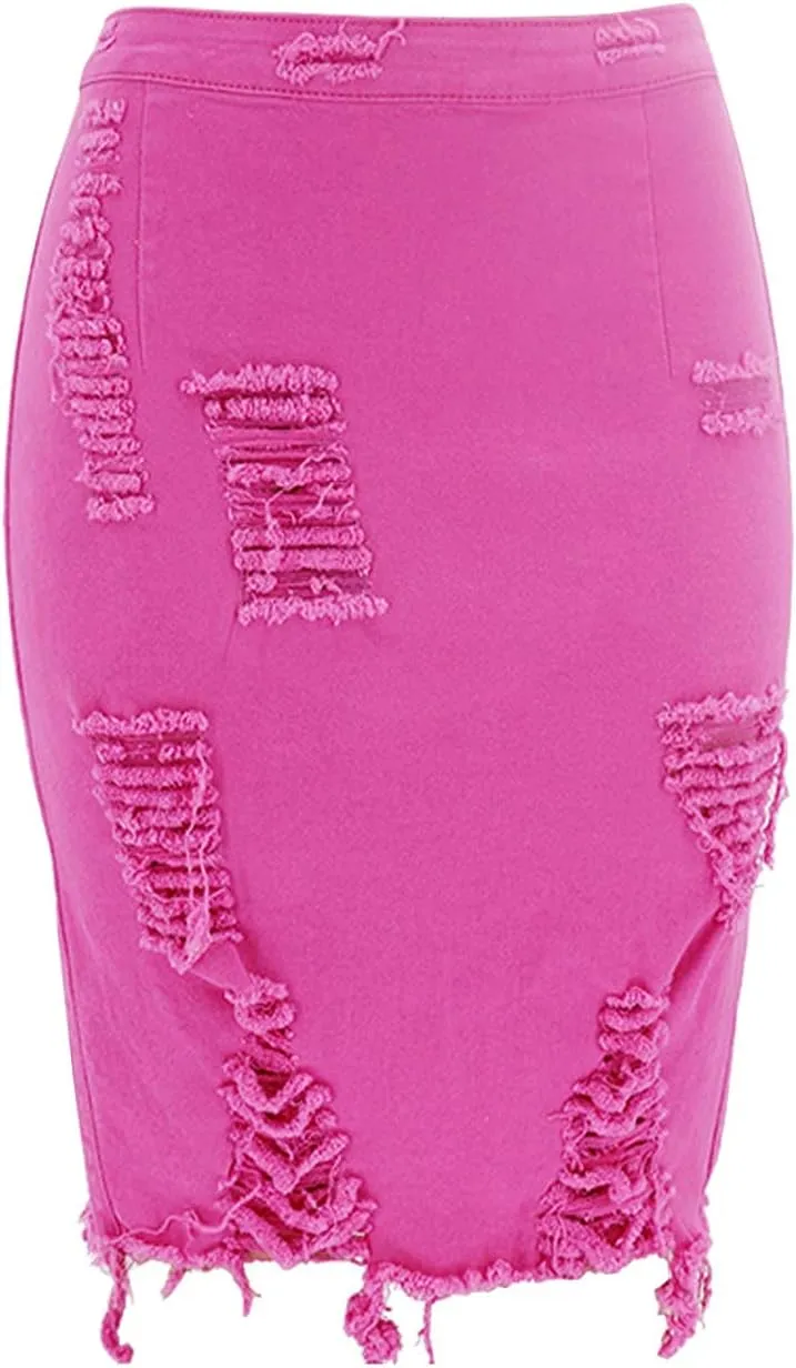 chouyatou Women's Stretchy High Waist Butt-Lifting Bodycon Ripped Denim Pencil Skirt