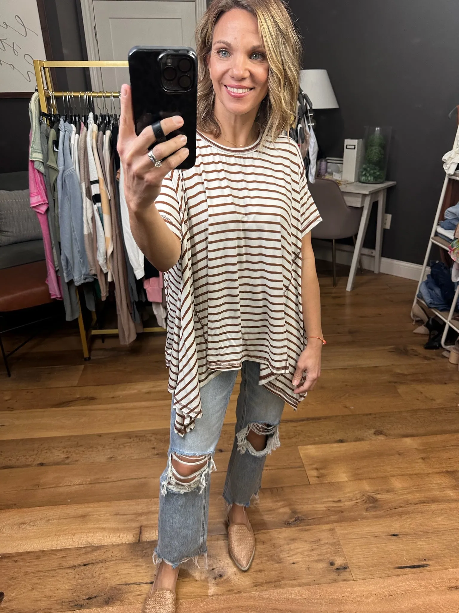 Come Together Striped Waterfall Hem Tee - Coffee
