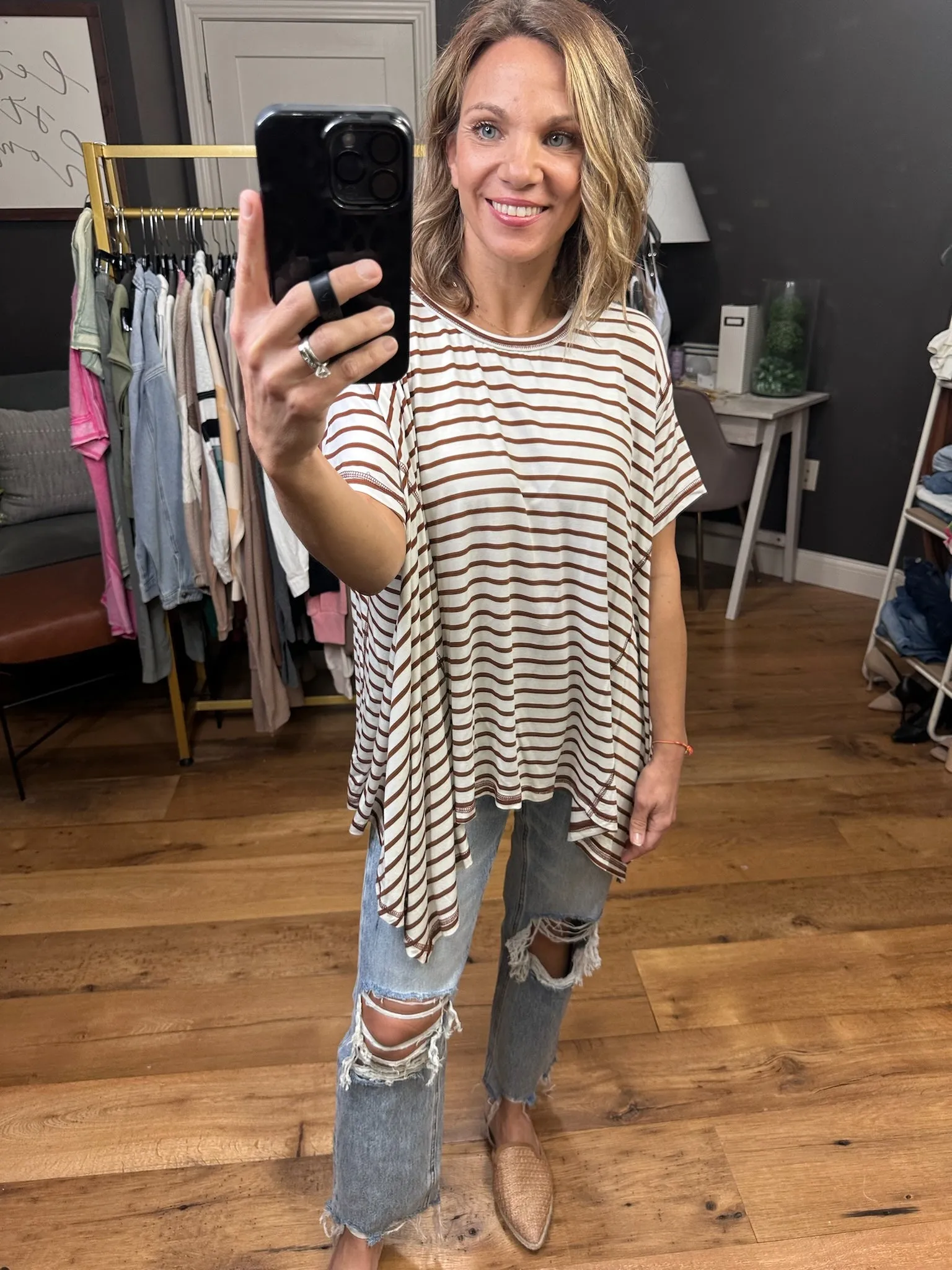 Come Together Striped Waterfall Hem Tee - Coffee
