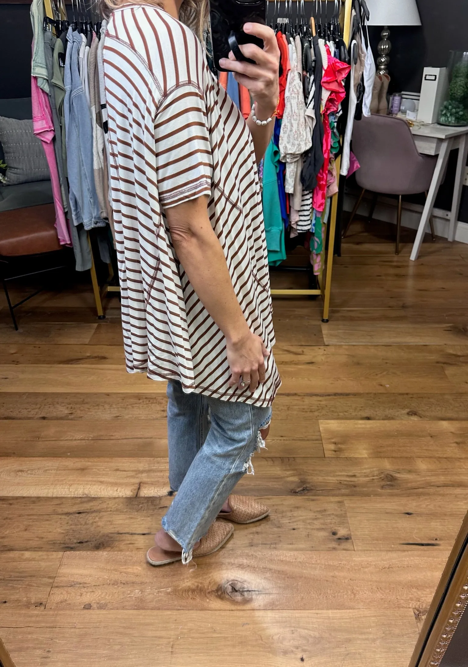 Come Together Striped Waterfall Hem Tee - Coffee
