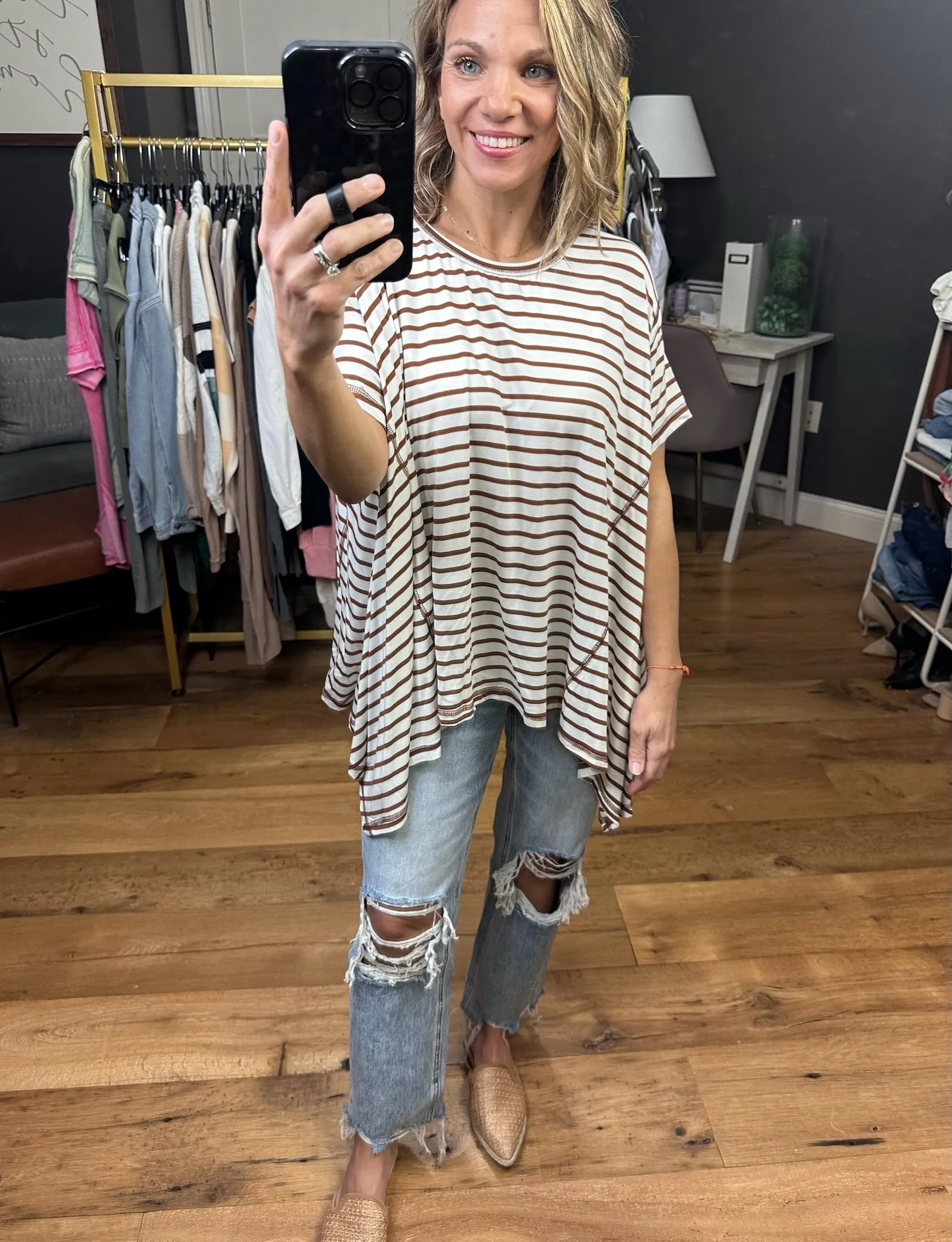 Come Together Striped Waterfall Hem Tee - Coffee