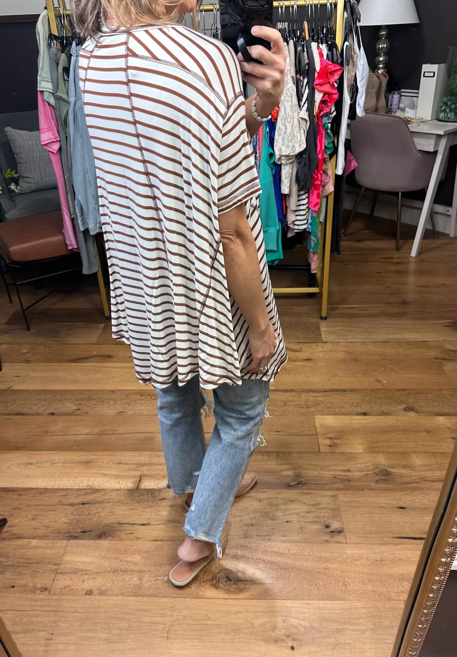 Come Together Striped Waterfall Hem Tee - Coffee