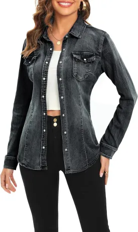 Denim Shirt for Women Long Sleeve Cotton Lightweight Fashion Denim Jacket for Women-2 Pockets