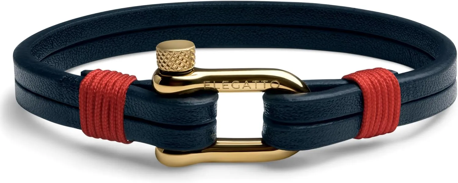 Elegatto Kellmore Premium Leather Bracelet for Men | Double Full-Grain Leather with Silver Polished Stainless Steel Shackle Closure | Mens Designer Bracelet