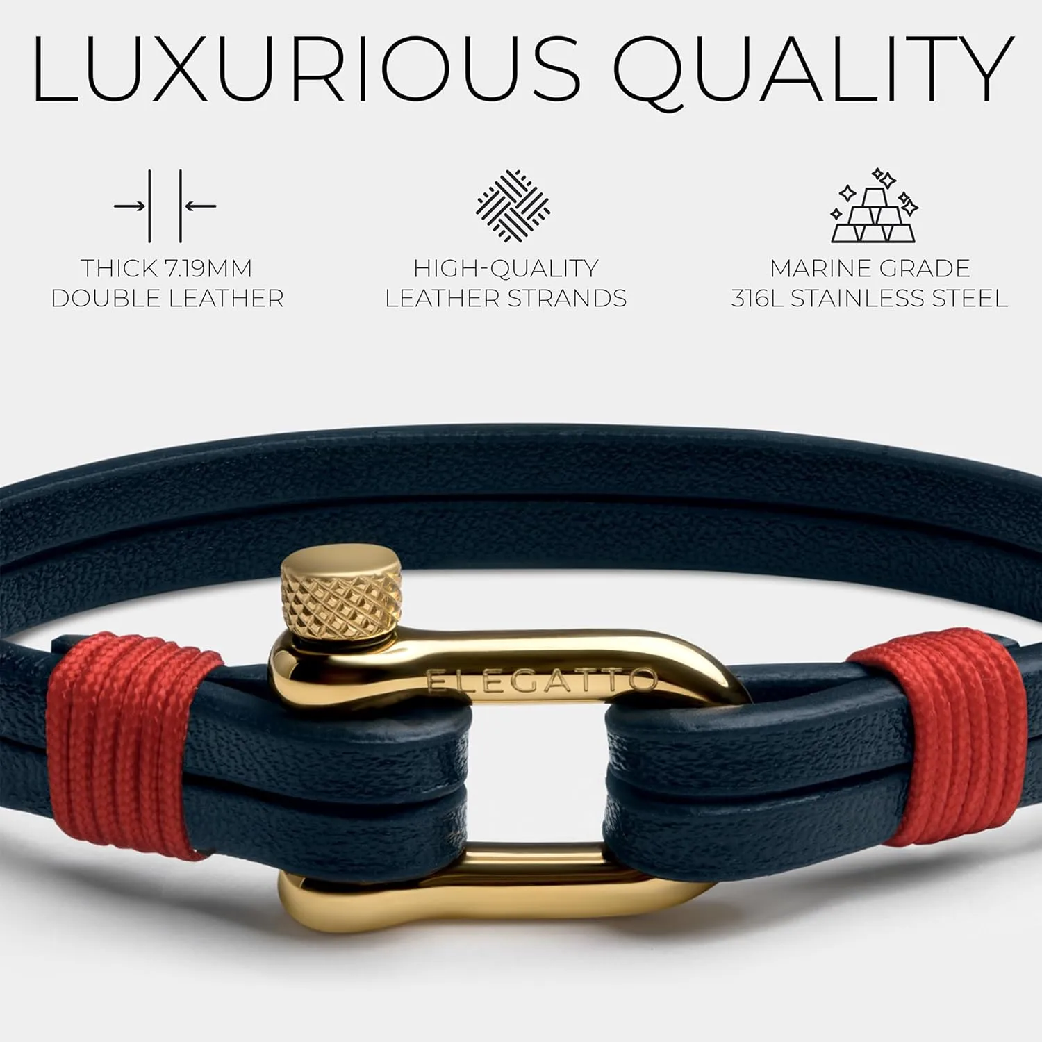 Elegatto Kellmore Premium Leather Bracelet for Men | Double Full-Grain Leather with Silver Polished Stainless Steel Shackle Closure | Mens Designer Bracelet
