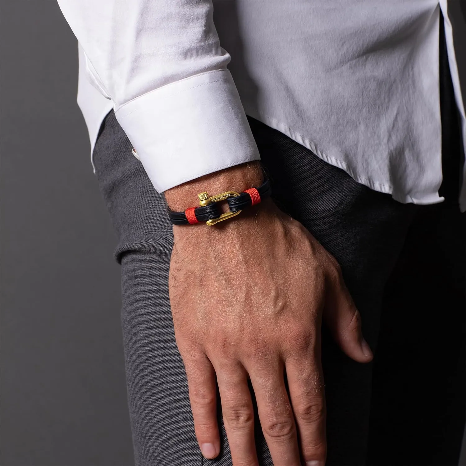 Elegatto Kellmore Premium Leather Bracelet for Men | Double Full-Grain Leather with Silver Polished Stainless Steel Shackle Closure | Mens Designer Bracelet