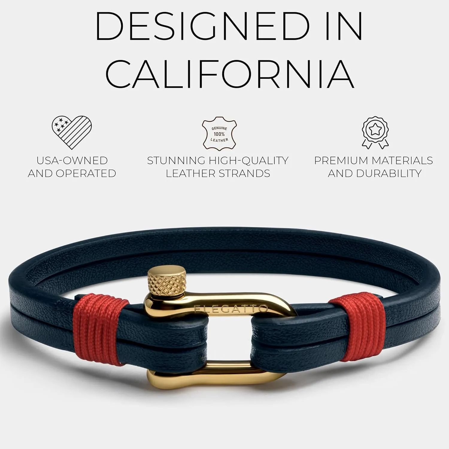 Elegatto Kellmore Premium Leather Bracelet for Men | Double Full-Grain Leather with Silver Polished Stainless Steel Shackle Closure | Mens Designer Bracelet