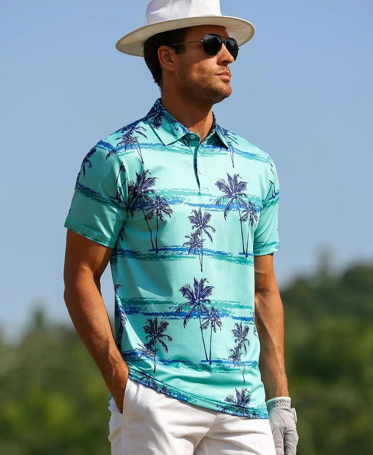 ELETOP Men's Golf Polo Shirts Short Sleeve Moisture Wicking Hawaiian Tropical Polos Performance Golf Shirts for Men Dry Fit