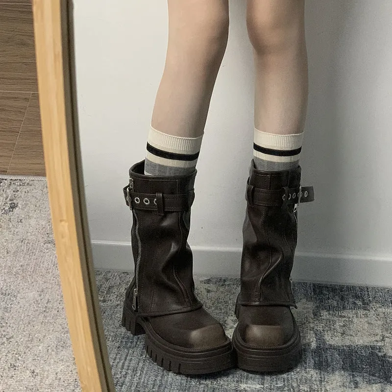 Fashionkova fall boots Brown Slimming British Style Thick-Soled Martin Boots for Women 2024 New Autumn Small Chunky Heel Retro Short Boots