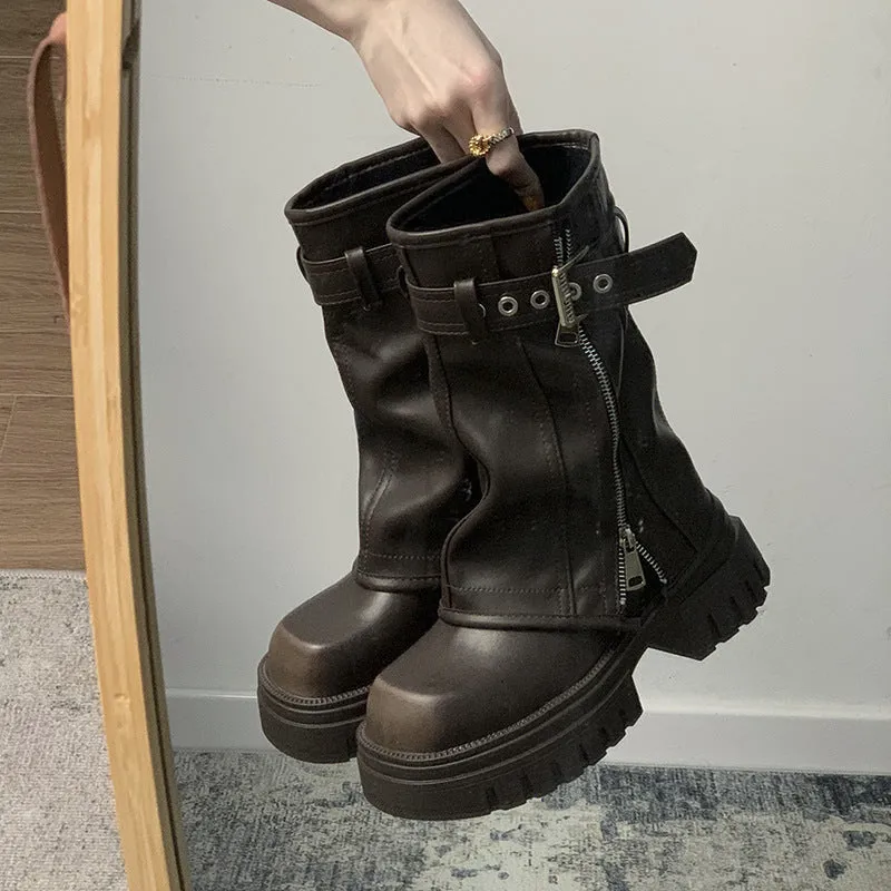 Fashionkova fall boots Brown Slimming British Style Thick-Soled Martin Boots for Women 2024 New Autumn Small Chunky Heel Retro Short Boots