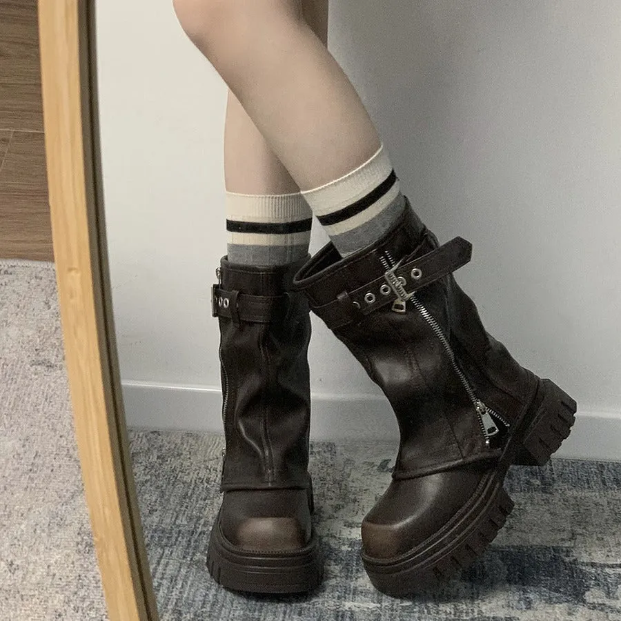 Fashionkova fall boots Brown Slimming British Style Thick-Soled Martin Boots for Women 2024 New Autumn Small Chunky Heel Retro Short Boots