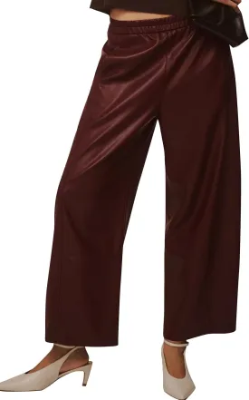 Faux Leather Pants for Women High Waist Wide Leg PU Leather Barrel Palazzo Trousers Pants with Pockets Brown Red M