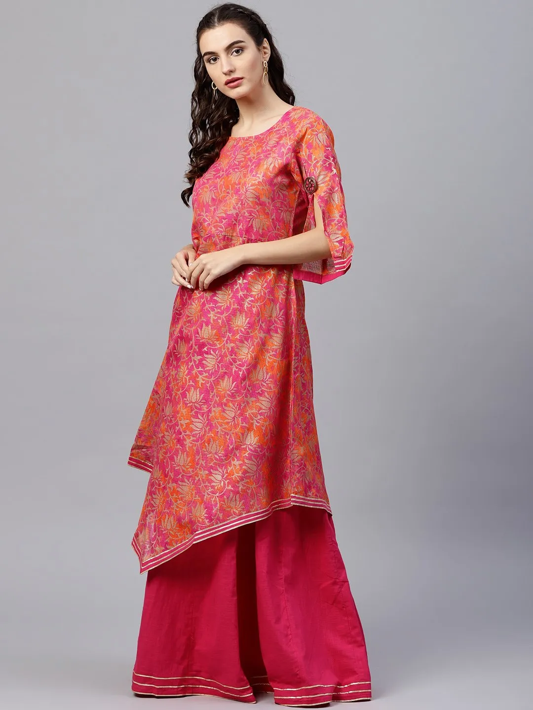 Floral Printed Round Neck 3/4Th Sleeve With A Slit Assymetric Kurta With Solid A-Line Skirt With Gota Detailing