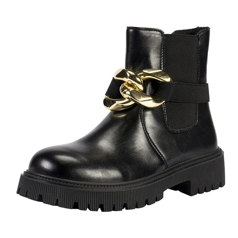 Goth Chunky Chelsea Boots 2022 Winter Warm Ankle Boots Non-slip Fashion New Women Platform Flats Shoes Short Boot Metal Chain
