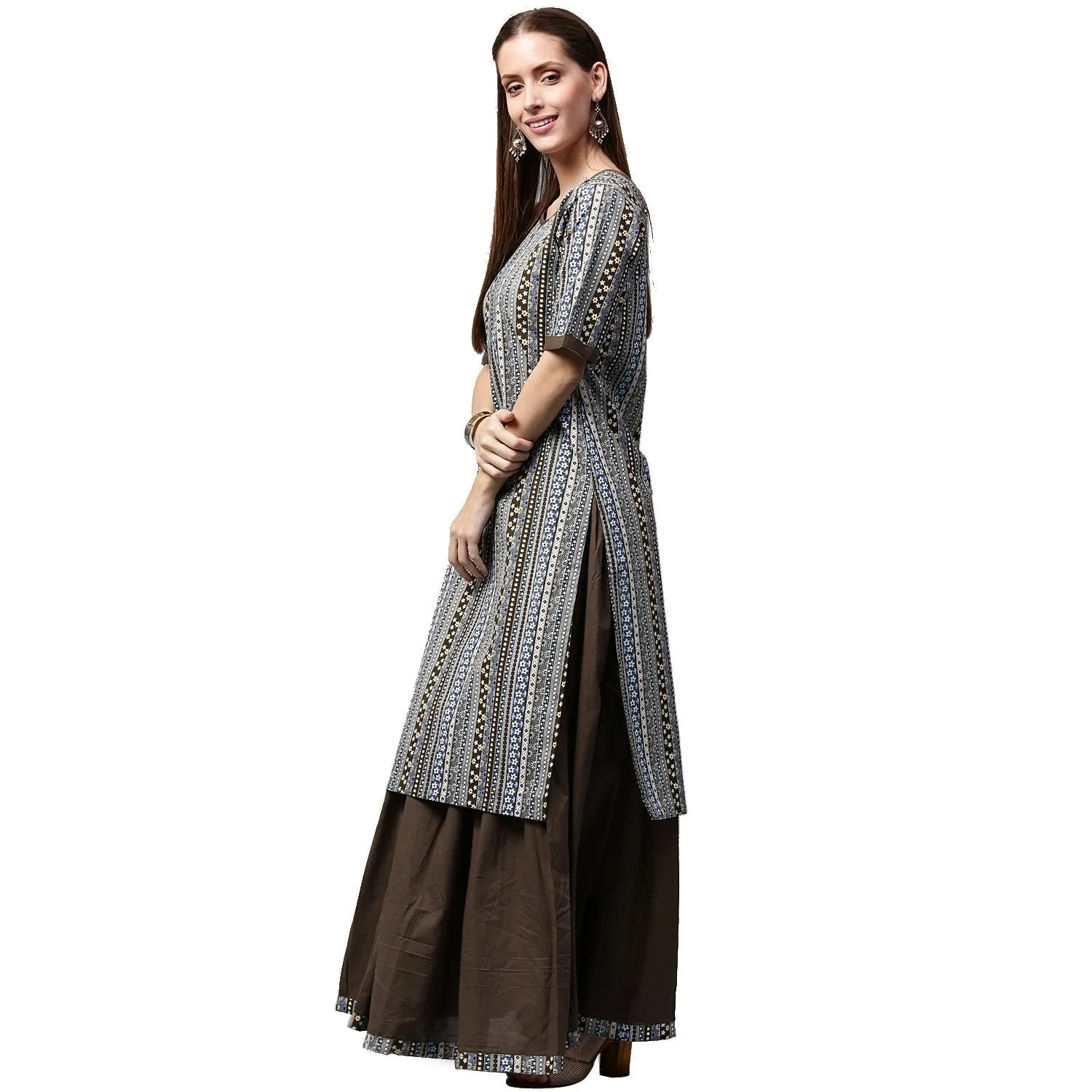 Grey Printed Half Sleeve Cotton Kurta With Black Skirt