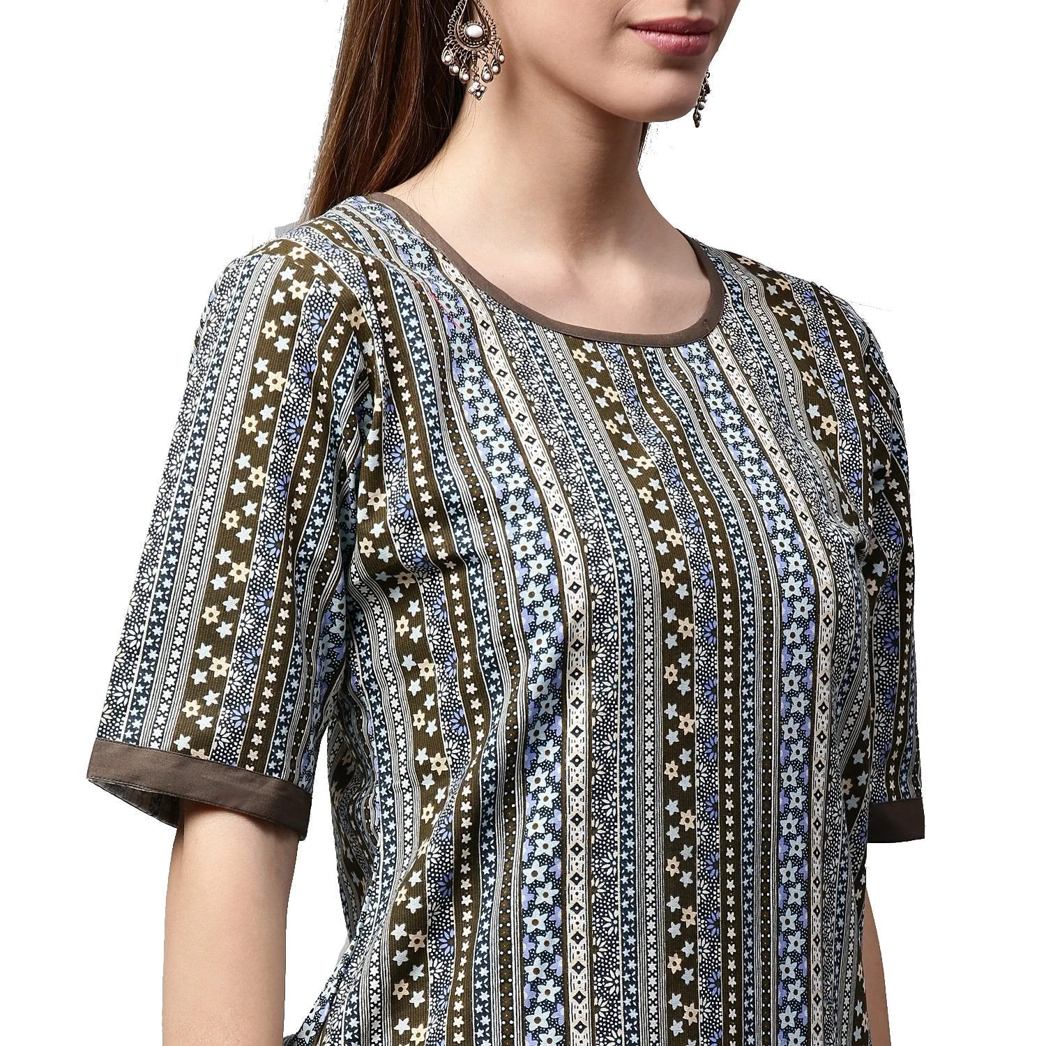 Grey Printed Half Sleeve Cotton Kurta With Black Skirt