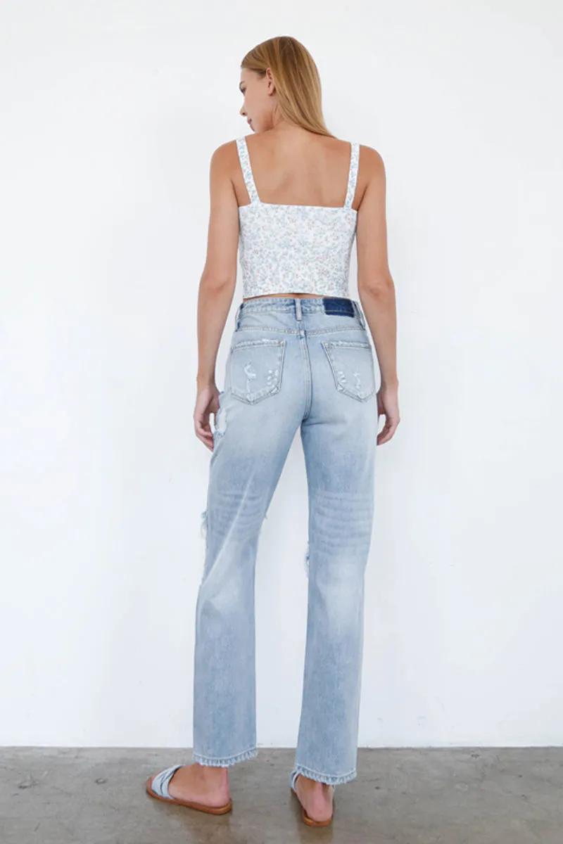 High Rise Ripped Straight Jeans