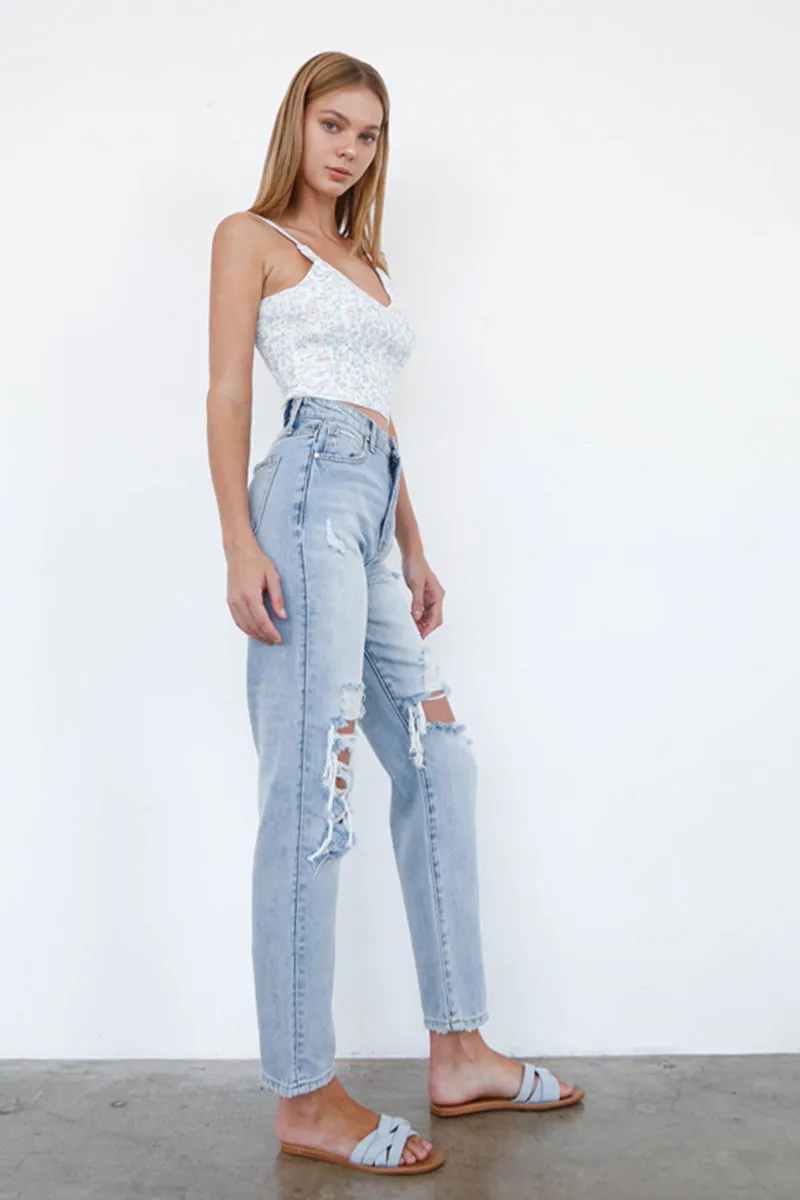 High Rise Ripped Straight Jeans