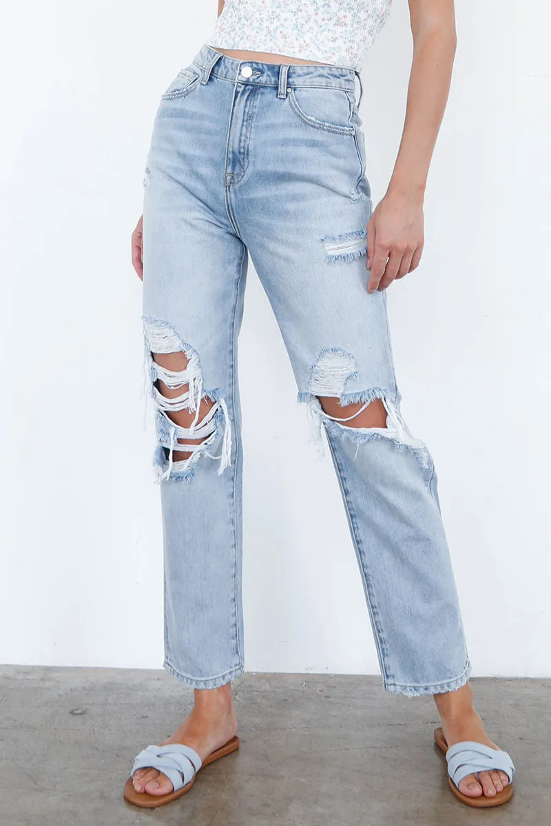 High Rise Ripped Straight Jeans