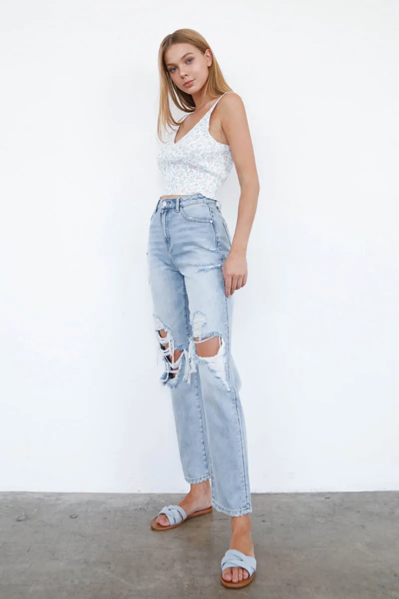 High Rise Ripped Straight Jeans