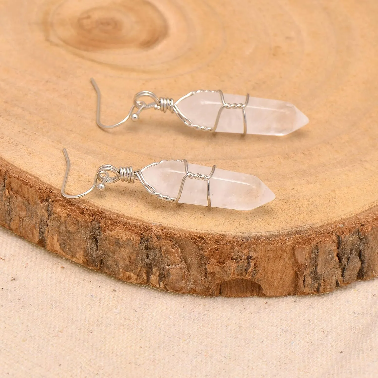 Joseph Brothers Natural White Quartz Wire Wrapped Point Crystal Earrings for Women Reiki Energy Healing